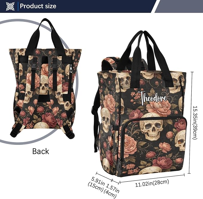 Personalized Sugar Skull Peonies Diaper Bag Large Cap Insul Mom Dad