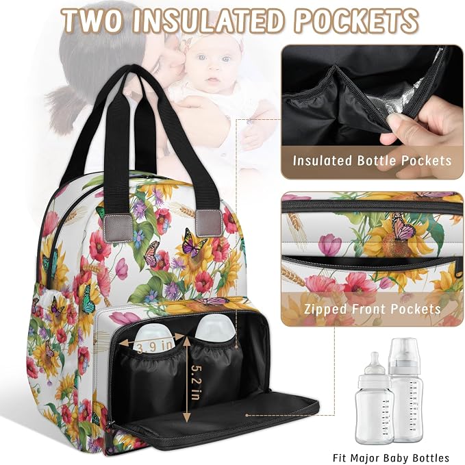 Butterfly Sunflower Flowers Diaper Bag Backpack-Multi-functional mother and baby bag Thermal compartment USB charging port Large capacity Multi-pocket organizer Stroller can be hung Travel shopping