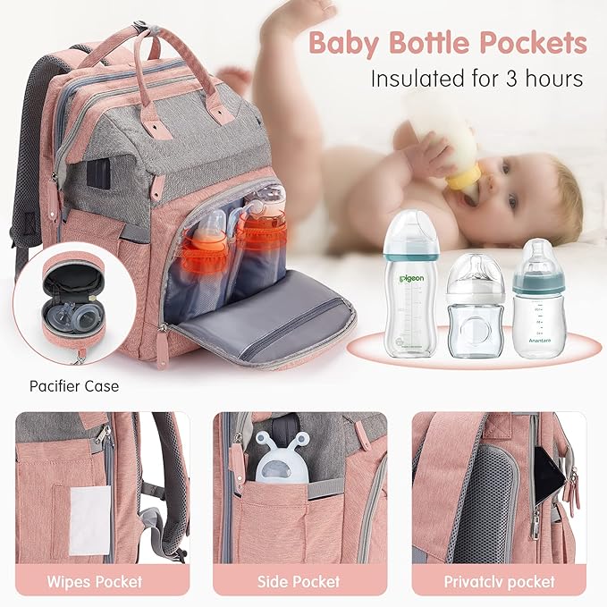 DERJUNSTAR Diaper Bag Backpack ??Large Capacity Baby Diaper Bag with Changing Pad for Dad and Mom, Waterproof Travel Backpack, Multi-Function Bag with USB Charging Port, Rose Pink