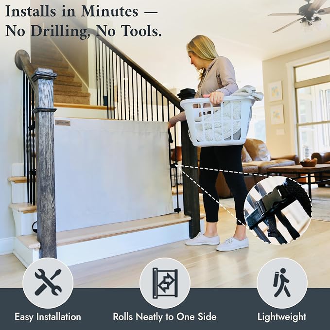 The Stair Barrier First Fabric Banister to Banister Baby Gates for Stairs 42”–52” Wide x 32” Tall– No Drill Baby Gate for Top or Bottom Staircase, Machine-Washable Climb Proof, Designed in USA, Cream
