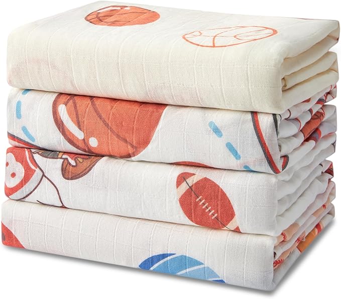Muslin Swaddle Blankets for Newborn, 4 Pack Large 47"x47" Soft Breathable Bamboo Cotton Baby Blanket, Lightweight Receiving Blanket for Boys and Girls, Sports Collection