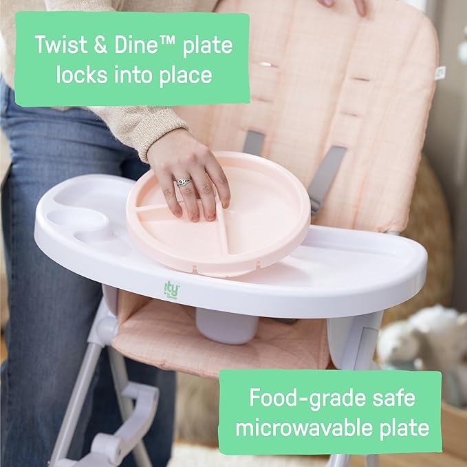Ingenuity Sun Valley Compact Folding Baby High Chair, Food-Grade Safe Plate, Safety Harness, for Ages 6 Months and Up, Unisex - Pink