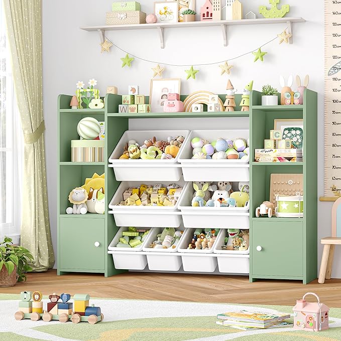 FOTOSOK Toy Storage Organizer with 8 Toy Bins, Toy Organizer Kids Bookshelf with 6 Storage Cubbies, Stuffed Animal Storage Organizer, Playroom Storage and Toy Chest, Green