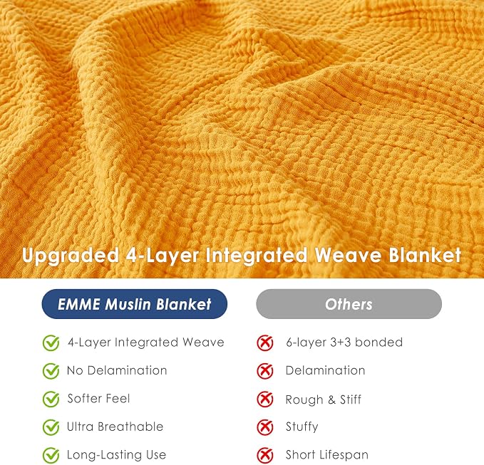 EMME Cotton Throw Blanket for Couch Mustard Yellow Soft Muslin Blankets 50"x60" Lightweight Breathable