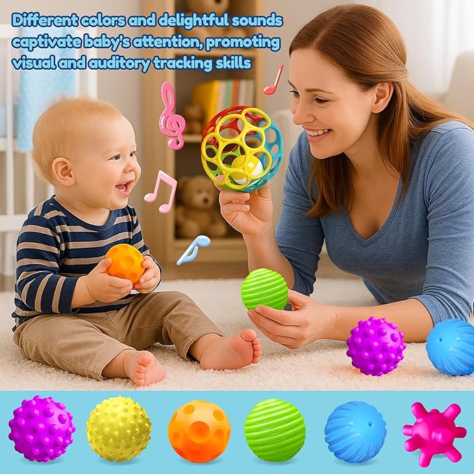 Sensory Balls for Toddlers 1-3, Sensory Baby Toys 6-12 Months, Infant Squeeze Sensory Toys,Baby Rattle Ball, Baby Teething Sensory Montessori Toys Soft Chew Toy with Rattles for Babies