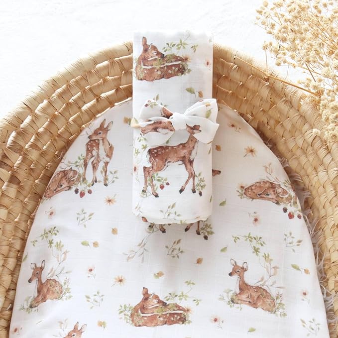 LifeTree Baby Muslin Swaddle Blankets for Boys & Girls, Newborn Swaddle Set with Matching Headband Bow, Infant Blanket Wrap, 47 x 47 inches, Deer, 70% Viscose from Bamboo and 30% Cotton