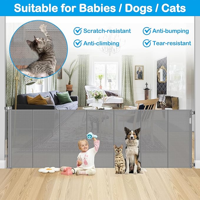 Reinforced 42" Extra Tall X 100" Extra Long Baby Gate for Large Openings with Reinforced Bars Retractable Pet Gate for Dogs Extra Wide Retractable Baby Gate No Sagging Extra Tall Retractable Dog Gate