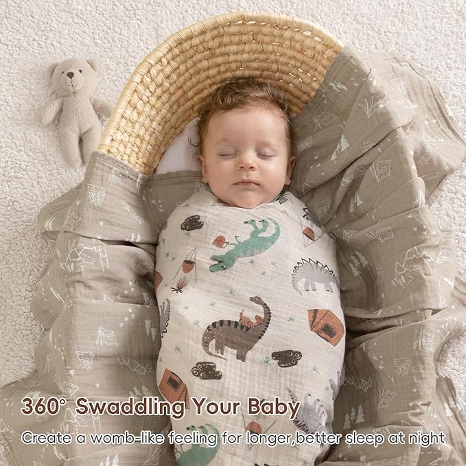 david's kids 4 Pack Baby Muslin Swaddle Blankets, 100% Cotton and Ultra Soft Breathable Receiving Blanket Wrap for Boys Girls, New Born Essentials, Large 47 x 47 inches, Dinasor & Camp