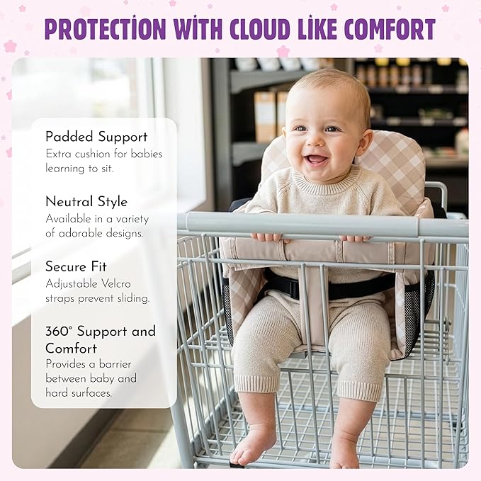 Shopping Cart Seat Cover for Baby, High Chair & Grocery Seat Protector, Padded Chair Covers for Restaurant Seats, Unisex Machine Washable Grocery Cart Liner & Swing Insert ??Beige Checkered