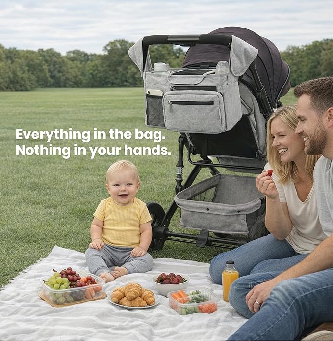 Gray Universal Stroller Organizer with 2 Insulated Cup Holders, 3-in-1 Stroller Caddy with Detachable Phone Bag & Non-Slip Shoulder Strap, Fits Uppababy, Nuna, Doona, Baby Essentials
