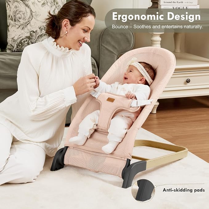 Foldable Baby Bouncer, Baby Seat with 3 Adjustable Heights, Portable Newborn Rocker, Ergonomic Bouncy Seat for Natural Bounce, Bouncer for Babies 0-6 Months, Soft Mesh (Mesh Pink)