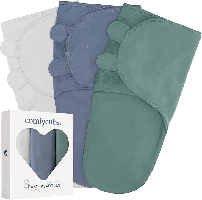 Comfy Cubs Easy Swaddle Blanket, 3 Pack - 100% Cotton Newborn Wrap, Large for 3-6 Months Infants, Breathable and Durable Sleep Sack for Babies - Stone, Nomadic Blue & Azul