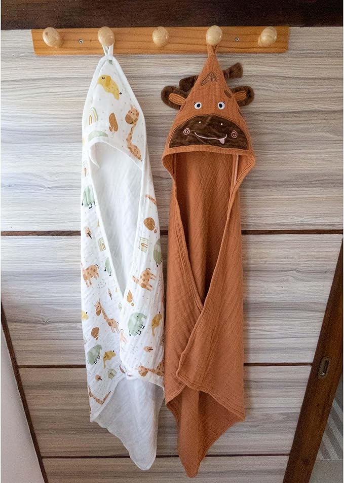 Chungie Soft Muslin Hooded Baby Towels 32x32 inches ??100% Cotton, 6-Layer Breathable Newborn Bath Towels with Hood, Pack of 2 (Printed + Embroidered)