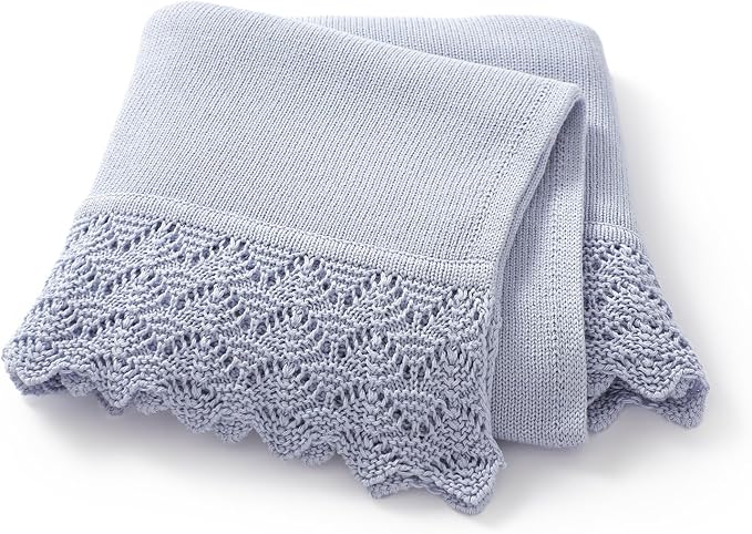 Hadetoto Baby Blanket Soft Cozy Cotton Cable Knit Crochet Receiving Crib Nursery Swaddling Blankets for Newborn Boys Girls (Baby Blue)