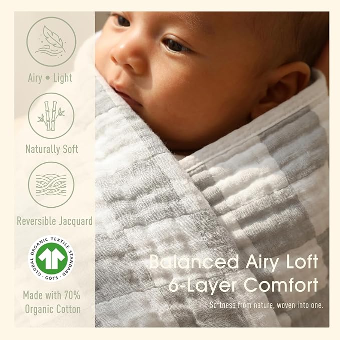 6-Layer Muslin Baby Blanket Made with Organic Cotton - Classic Neutral Checkered, Swaddle & Crib Quilt, 43”x43”,Grey Checkered