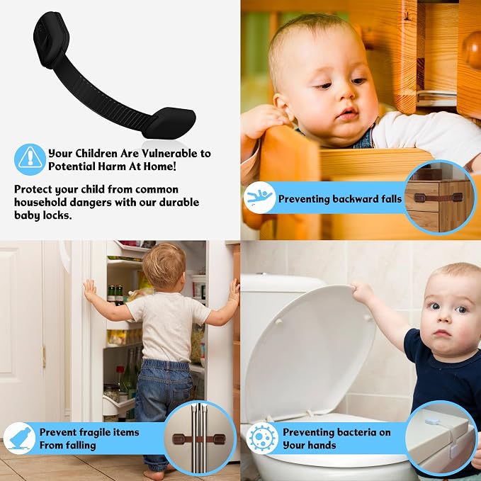 Cabinet Locks Provide Effective Baby Proofing - No Screws and Magnets Required Multi-purpose Suitable for Furniture Ovens Drawers Kitchens Toilet Seats (B - Black, 1 pack of 10)