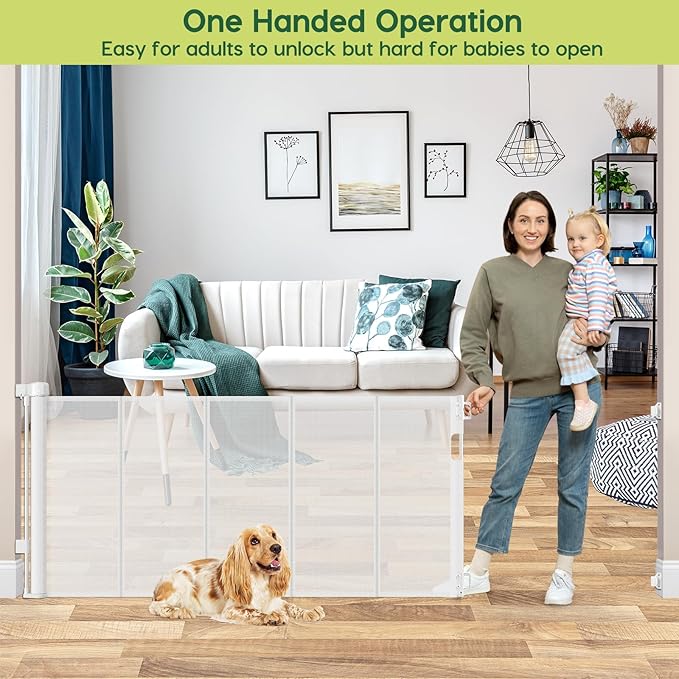 Reinforced 80 Inch Extra Wide Retractable Baby Gate with Support Rods, Indoor/Outdoor Retractable Pet Gates for Wide Openings, 33??Tall Mesh Dog Gate Indoor Extra Long Baby Gates for Decks, White