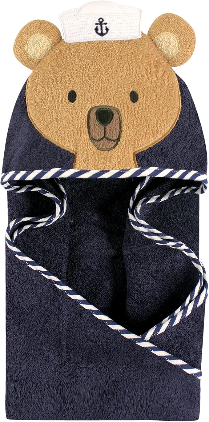 Hudson Baby Unisex Baby Cotton Animal Face Hooded Towel Bundle Set, Sailor Bear Pelican, One Size