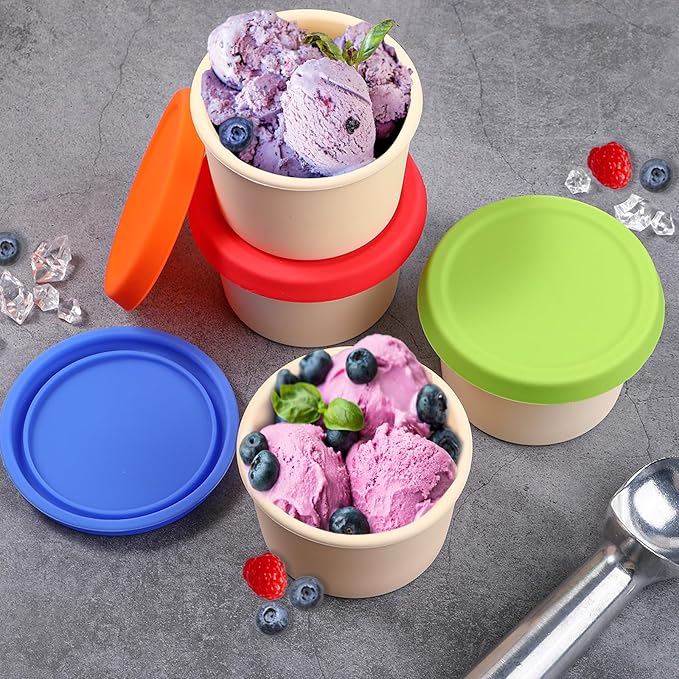 Webake Silicone Ice Cream Containers with Lids, 8oz Homemade Ice Cream Cups Reusable Freezer Storage Containers, Set of 4