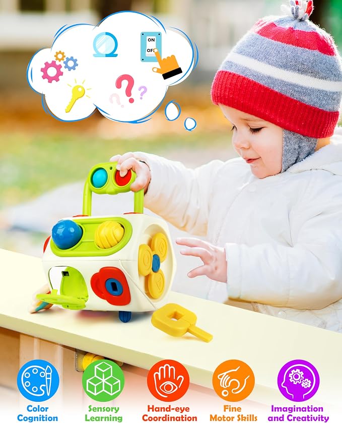 Vanmor 10-in-1 Busy Cube for 18+ Months Toddlers - 8-Sided Montessori Sensory Activity Cube with Fine Motor Skills Learning, Travel Fidget Toys for Airplane Car Seat, Gift for Boys Girls