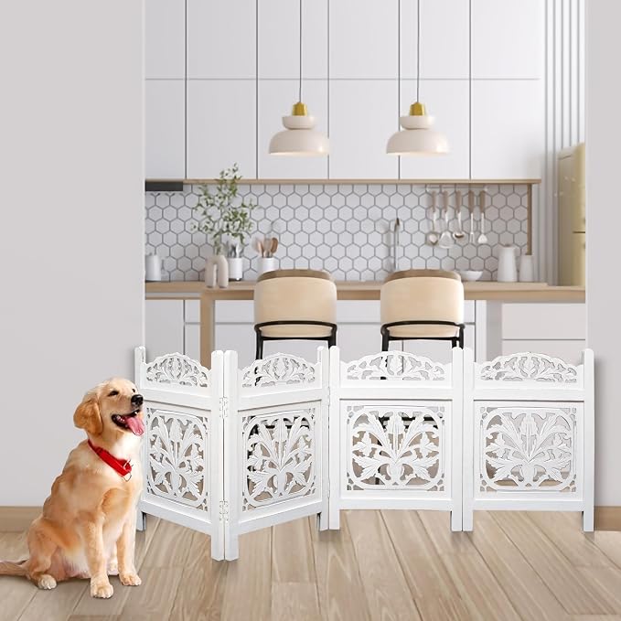 Free Standing Dog Gate – 4 Panel Foldable Wooden pet gate Indoor 72" W x 24" H, Hand-Carved Solid Wood & MDF, Portable Indoor Gate for Doorways, Halls, Stairs – Fully Assembled, White Finish