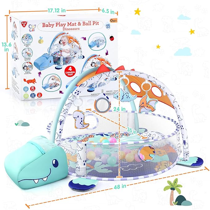WeeHomm 5-in-1 Baby Play Mat - Dinosaur Themed Activity Gym for Babies 0-6 Months with Ball Pit, Detachable Sensory Toys, Pillow, Machine Washable