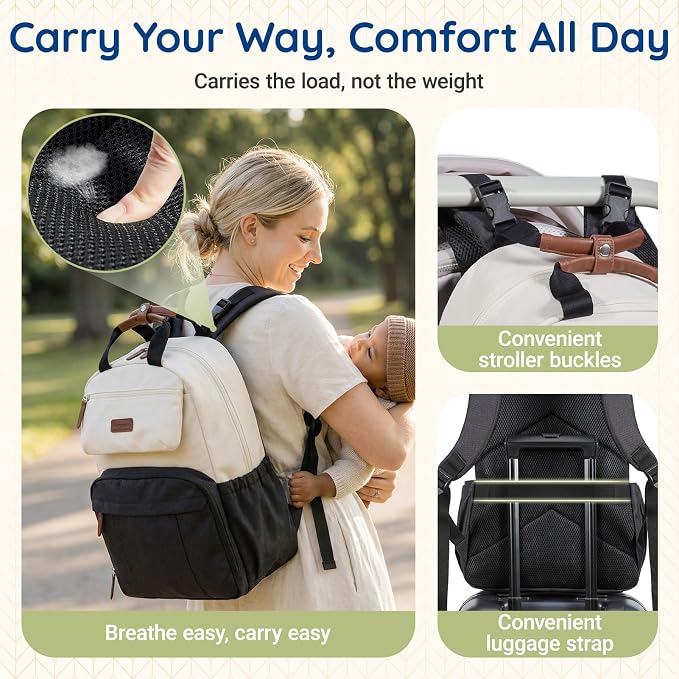 mommore Diaper Bag Backpack, Multi-pocket Large Diaper Bag Travel Essentials for Mom Dad, Quick Access Baby Bag with Insulated Pockets, Changing Pad, Stroller Straps