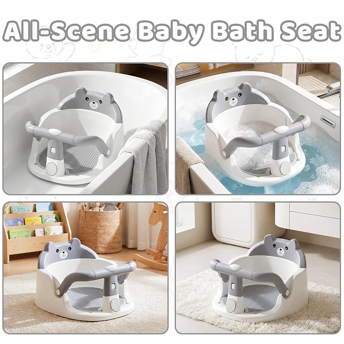 Baby Bath Seat for Babies 6 Months & Up, Non-Slip Toddler Bath Seat with Suction Cup, Baby Friendly and Comfortable Portable Infant Bathtub Chair Sitting Up for Bathroom (Grey)