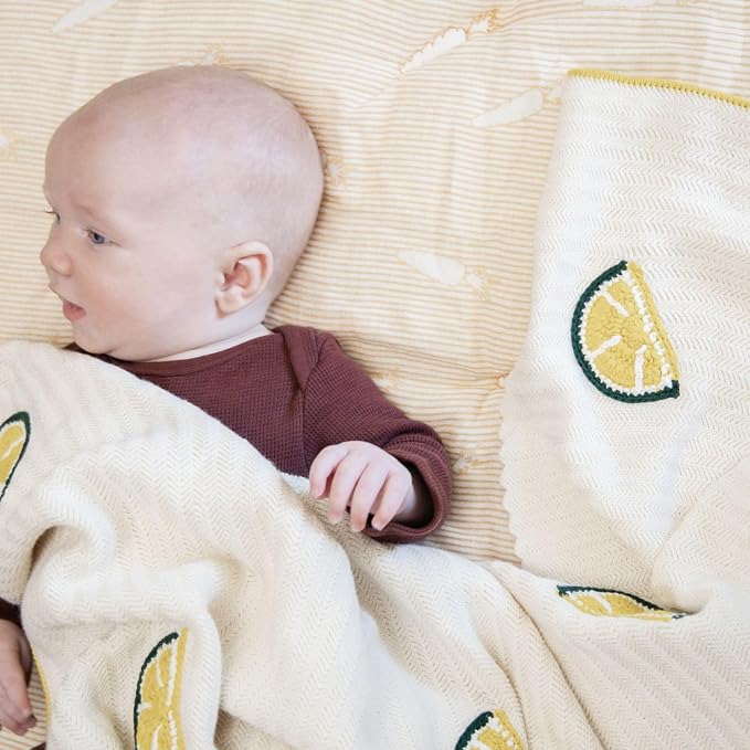 Crane Baby Cotton Knit Baby Blanket, Lemon Embroidered Knitted Stroller Blanket for Boys and Girls, Soft Lightweight Gender Neutral Crib Blanket, Cream and Yellow Nursery Decor, 30" x 40"