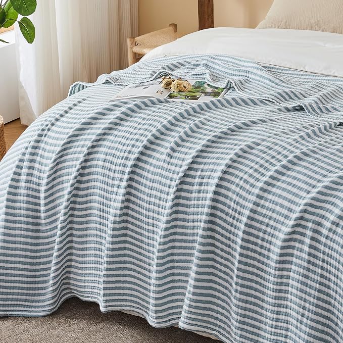EMME Cotton Muslin Large Throw Blanket Couch 4-Layer Breathable Gauze Soft Lightweight Bed Blankets Adults (Striped Teal, 50"x71")
