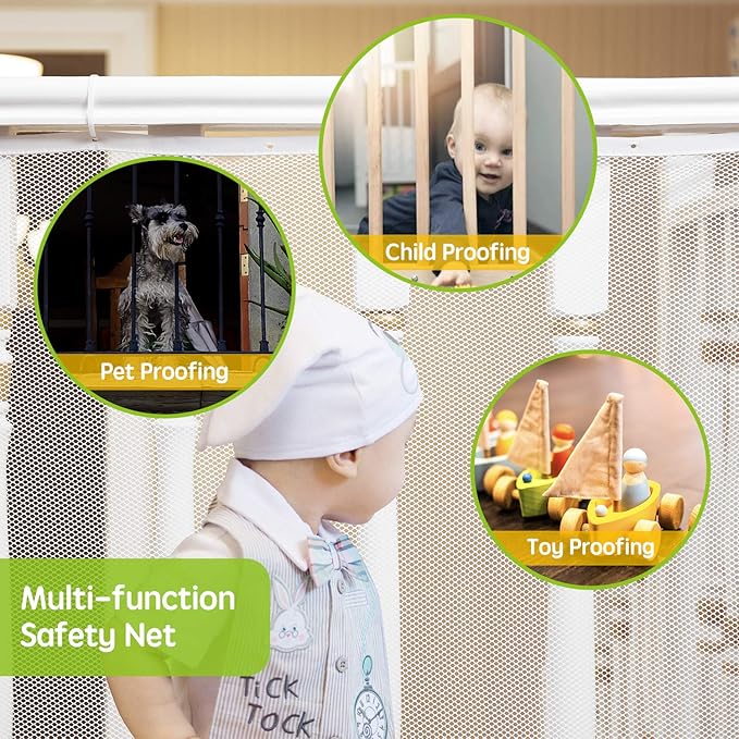 Baby Gates for Stairs with Banister, Guard Safety Net for Baby, 10ft x 3ft Stair Railing Mesh Barrier for Kids, Cats, Dogs, Child Safety Rail Guard, White