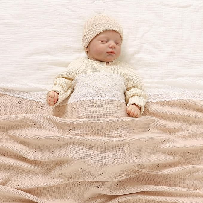 Hadetoto Cotton Lace Knit Baby Blankets, Super Soft Lightweight Crib Blanket for Infant Boys Girls, Nursery Bedding (Khaki)