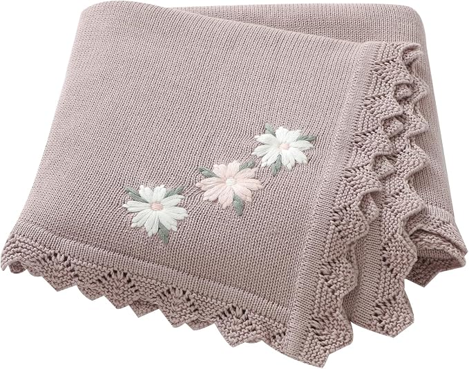 LAWKUL Baby Blanket 100% Traceable Cotton Knit Receiving Blankets Crib Blanket for Newborn Boy Girls 40"x30" White Floral