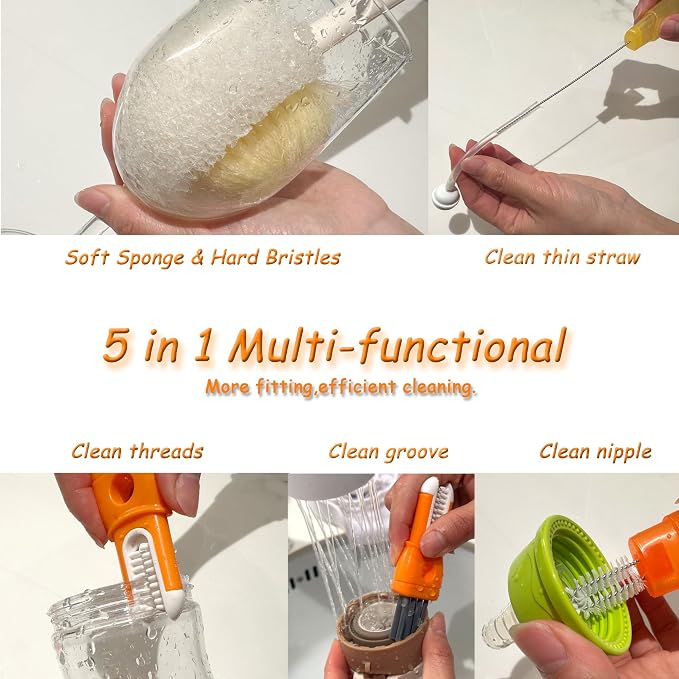 5 in 1 Bottle Cleaning Brush Set, 2026 Multifunctional Cleaning Brush for Cup Lid, 5 in 1 Bottle Brush, Detail for Baby Bottle Nipple & Straw, Water Bottle Cleaner, 2 Pack Set