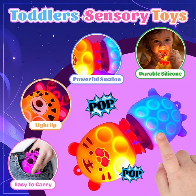 ChildFun 6PCS Light Up Animal Suction Popper Fidget Toys, Baby Bath Toys, Travel Airplane Road Trip Car Activities for Toddlers, No Hole Bath Toys, Sensory Toys for Kids with Autism