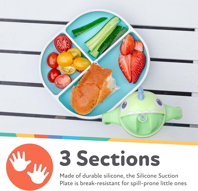 Nuby Silicone Rectangle Suction Plate with Lid - Dishwasher-Safe Baby and Toddler Plate - 6+ Months - Aqua and Coral - Back to School Essentials