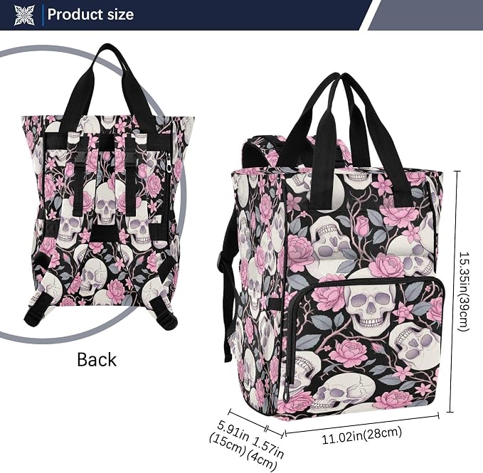 Halftone Skull Rose Diaper Bag – Insulated Pockets, Large Capacity for Mom Dad