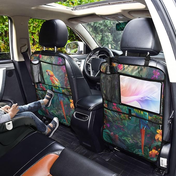JIPONI Car Backseat Organizer, Parrot Macaw Tropical Automotive Back Seat Protector, Kick Mats with Storage Pockets for Kids Pets, Road Trip Accessories (2 Pack)