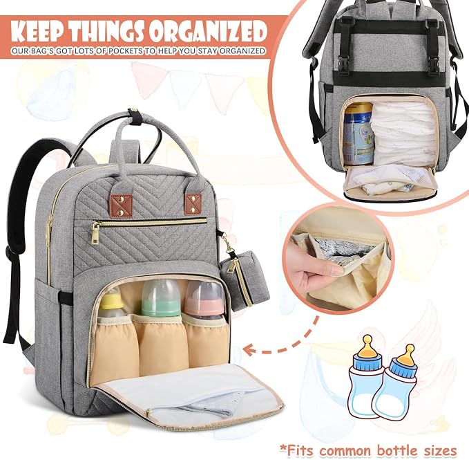 AngLink Baby Diaper Bag Backpack - Newborn Diapers Bags with Changing Pad & Pacifier Case for Boy Girl, Large Capacity Travel Essentials Bebes Backpack Baby Registry Search Gift for Mom Dad丨Gray