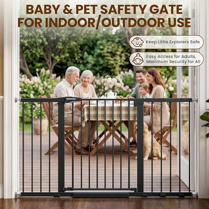 Mumeasy 29.7-57" Extra Wide Baby Gate, Auto Close Large Dog Gate for Doorways, No Drilling Pressure Mounted Pet Safety Gate for Stairs, Easy Walk Through Child Gate for Hallways, House, Indoor, Black