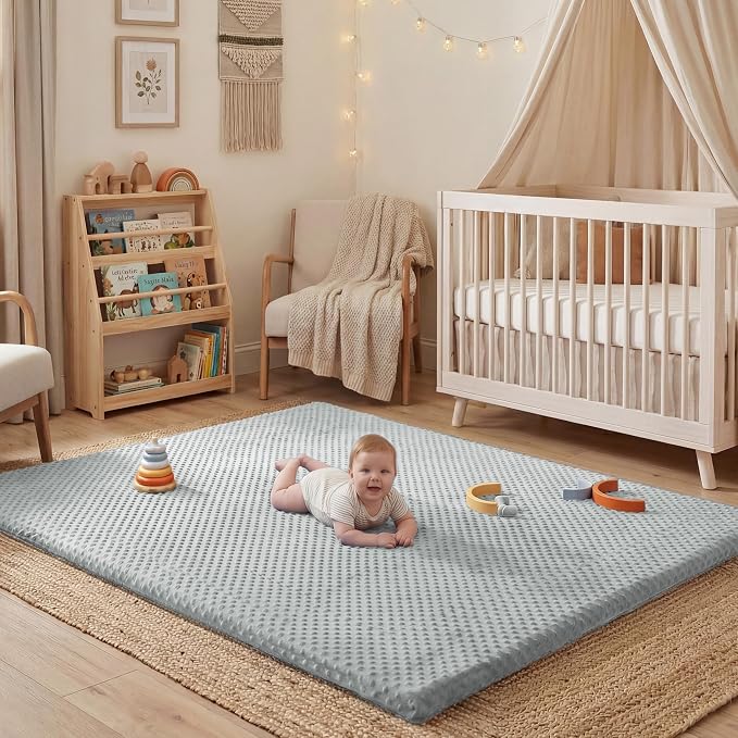 Baby Floor Play Mat for Playpen, Extra Thick 65x50 Inches Padded Mat with Ultra Soft 3D Minky Dot & Removable Washable Cover, Non-Slip & Safe for Crawling,Tummy Time,Infant/Toddler (Grey)