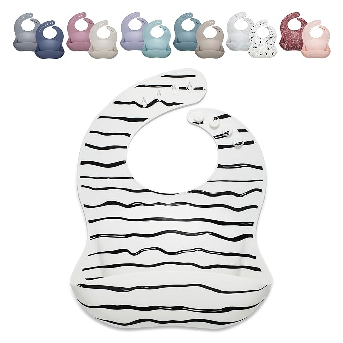 Goobie Baby Silicone Baby Bib with Food Catcher - Adjustable Waterproof Feeding Bib for Babies and Toddlers 4 to 36 Months in Stylish Colors for Girl and Boy - Modern, Soft, Easy to Clean (Wavy Lines)