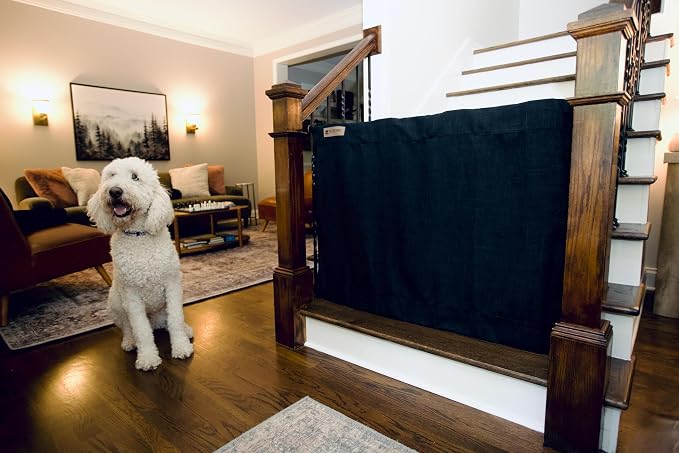 The Stair Barrier First Fabric Banister to Banister Baby Gates for Stairs 36”–42” Wide x 32” Tall– No Drill Baby Gate for Top or Bottom Staircase, Machine-Washable Climb Proof, Designed in USA, Black