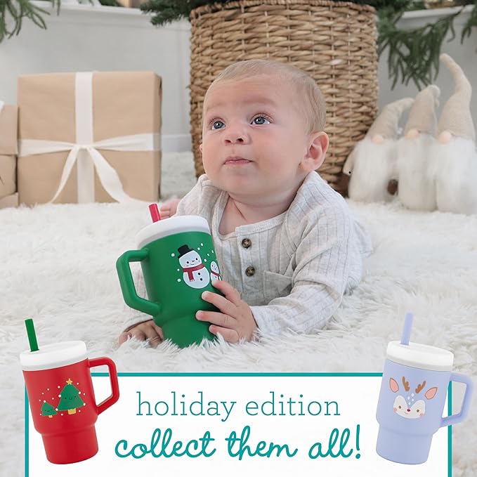 Infantino My 1st Tumbler, 9 Oz. Silicone Sippy Cup with Straw & Handle, Spill-Resistant Baby Cup for On-the-Go, BPA-Free Transition Bottle, Green Snowman