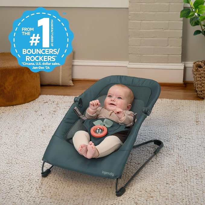 Ingenuity Stow & Go Compact Folding Baby Bouncer, Lightweight Portable Seat with Vibration, Green, Under 5 lbs