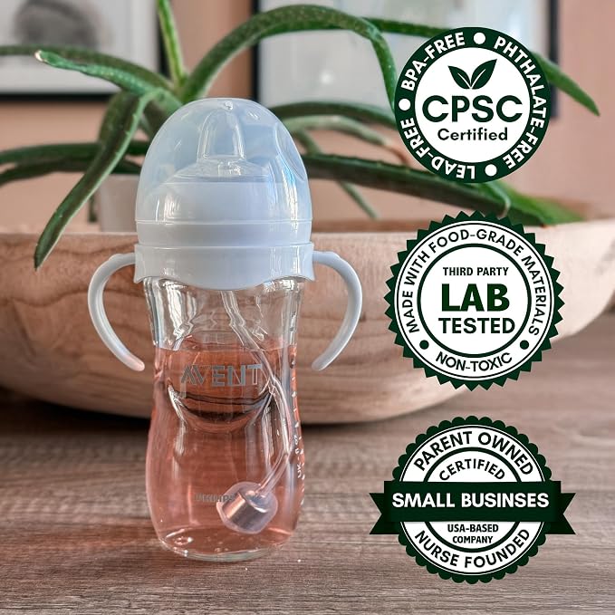 Sippy Cup Conversion Kit for Philips Avent Natural Baby Bottles 2-Count, Food Grade Silicone Spout Nipples and Weighted Straw, Bottle Handles, Cleaning Brush, BPA-Free, Straw Transition, 4+ Months