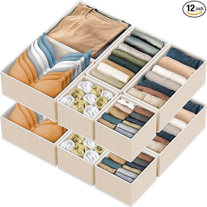 Simple Houseware Foldable Drawer Organizer Set of 12, Beige ??Fabric Storage Bins for Clothes, Underwear, Bra, Panty, Socks, Onesies ??Closet & Dresser Drawer Dividers for Home Organization