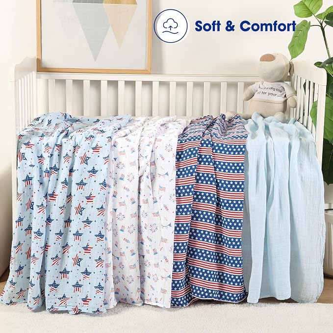 david's kids 4 Pack Baby Muslin Swaddle Blankets, 100% Cotton and Ultra Soft Breathable Receiving Blanket Wrap for Boys Girls, Large 47 x 47 inches, New Born Essentials, Flag