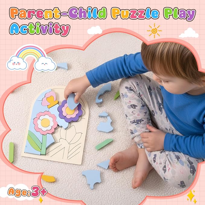 Montessori Wooden Shape Puzzles - Color Matching & Cognition Fun for Kids Over 3 Years Old, with Rainbow Blocks & Themes, Fine Motor Skill Building Toys & Gifts (Flower)