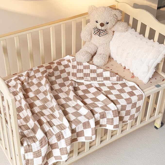 Ultra Soft Cozy 6-Layer Muslin Cotton Baby Blanket 41" x41” Breathable Lightweight Checkered Swaddle Blankets for Toddlers Baby Birthday Gifts All Seasons Both Sides Coffee
